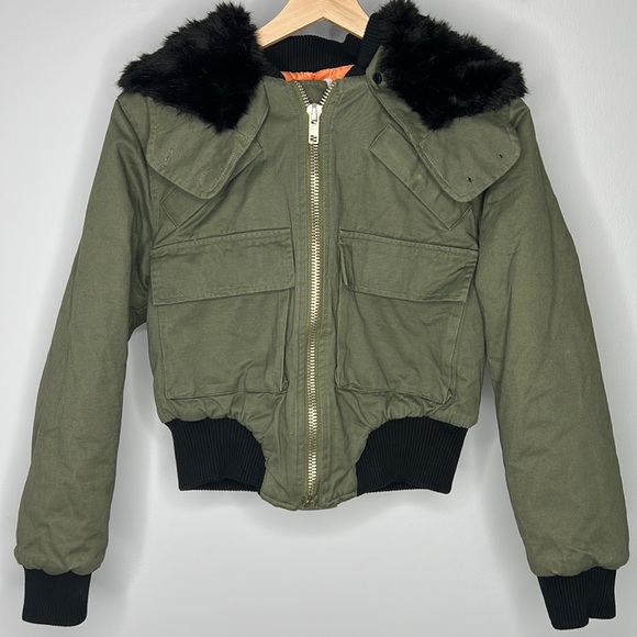 UNIF Trench Cropped Bomber Jacket Military in Olive Orange Black Women's size S - Picture 5 of 17